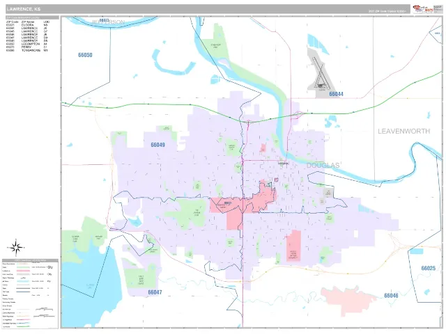 Lawrence, KS ZIP Code Wall Map, Classic style