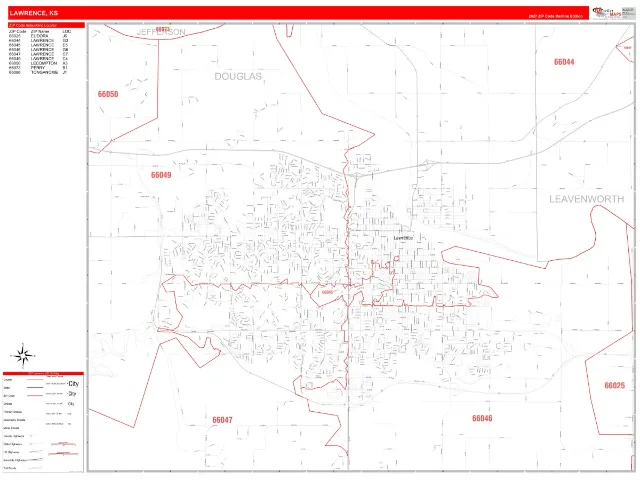 Lawrence, KS ZIP Code Wall Map, RedLine style