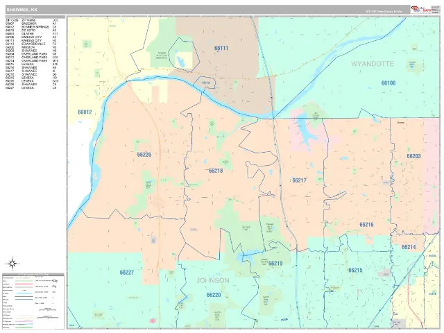 Shawnee, KS ZIP Code Wall Map, Classic style