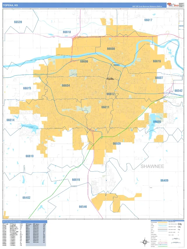 Topeka, KS ZIP Code Wall Map, Business Reference style