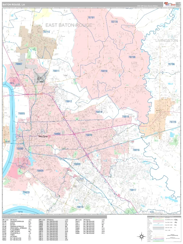 Baton Rouge, LA ZIP Code Wall Map, Classic style