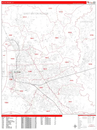 Baton Rouge, LA RedLine style ZIP Code wall map