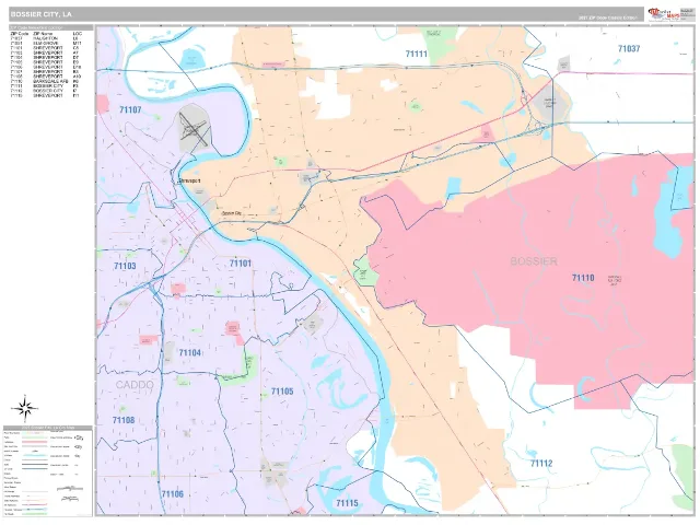 Bossier City, LA ZIP Code Wall Map, Classic style