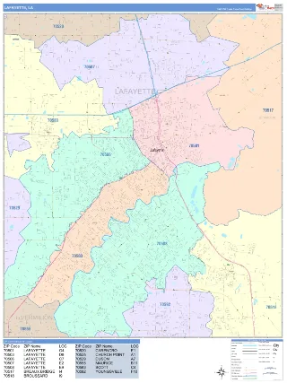 Lafayette, LA ColorCast style ZIP Code wall map