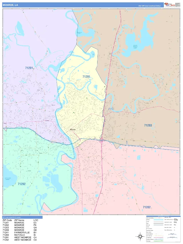 Monroe, LA ZIP Code Wall Map, ColorCast style