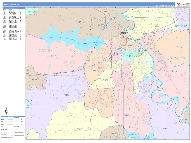 Shreveport, LA ZIP Code Wall Map, ColorCast style