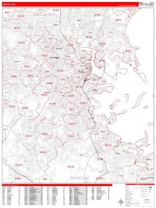 Boston, MA RedLine style ZIP Code wall map