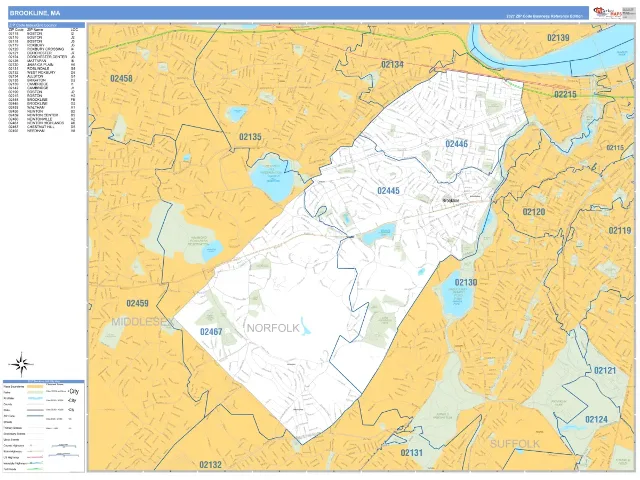 Brookline, MA ZIP Code Wall Map, Business Reference style