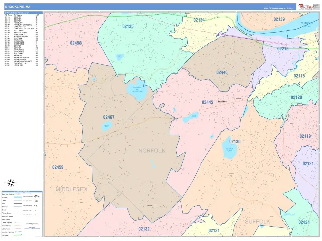 Brookline, MA ZIP Code Wall Map, ColorCast style