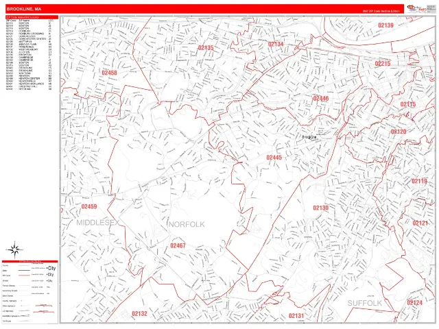 Brookline, MA ZIP Code Wall Map, RedLine style