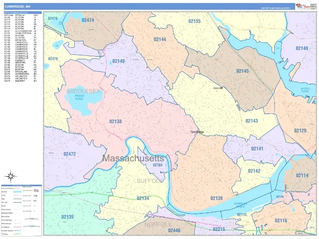 Cambridge, MA ZIP Code Wall Map, ColorCast style