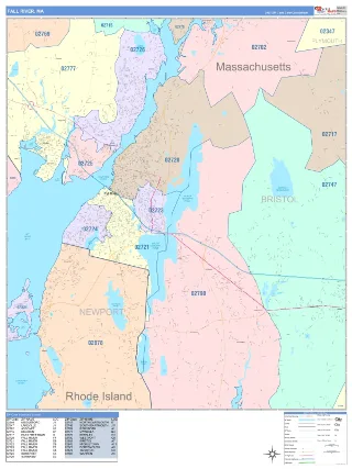 Fall River, MA ColorCast style ZIP Code wall map