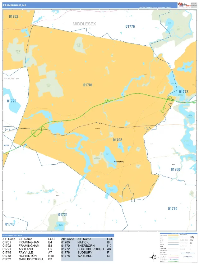 Framingham, MA ZIP Code Wall Map, Business Reference style