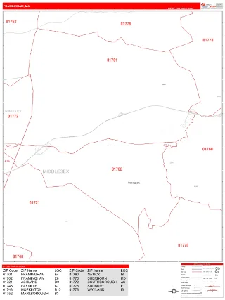 Framingham, MA RedLine style ZIP Code wall map