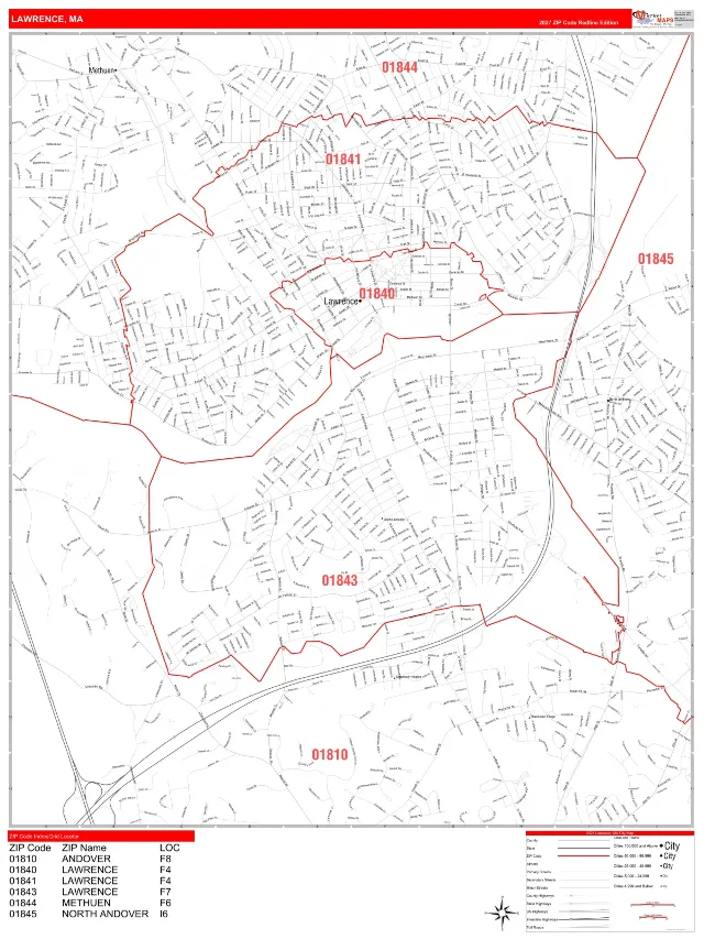 Lawrence, MA ZIP Code Wall Map, RedLine style