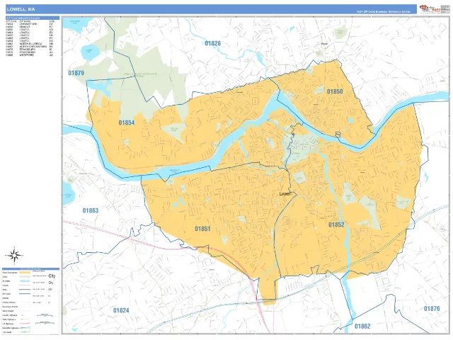 Lowell, MA ZIP Code Wall Map, Business Reference style