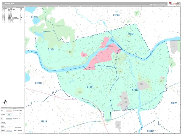 Lowell, MA ZIP Code Wall Map, Classic style