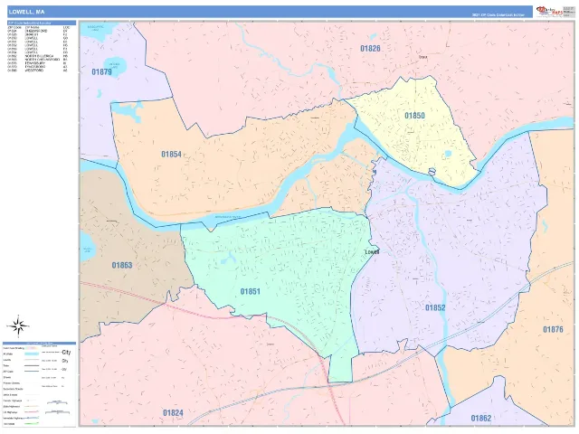 Lowell, MA ZIP Code Wall Map, ColorCast style