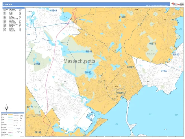 Lynn, MA ZIP Code Wall Map, Business Reference style