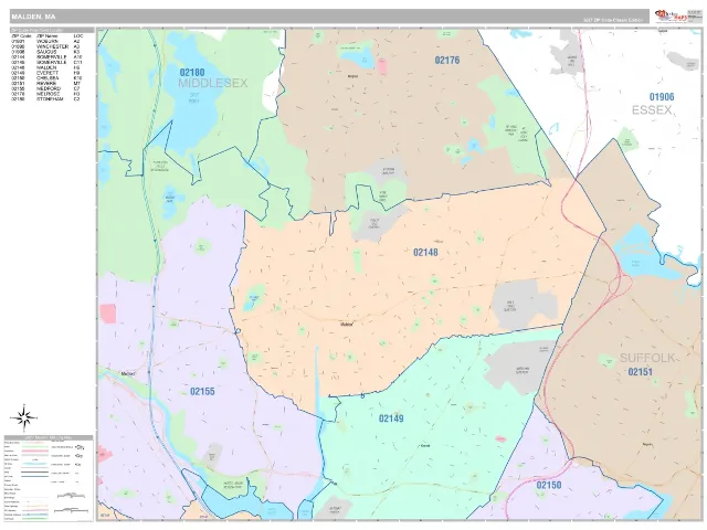 Malden, MA ZIP Code Wall Map, Classic style