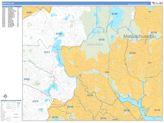 Medford, MA ZIP Code Wall Map, Business Reference style
