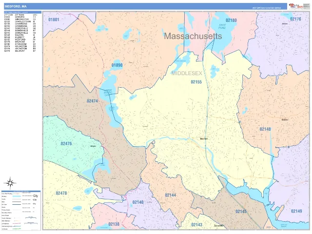 Medford, MA ZIP Code Wall Map, ColorCast style