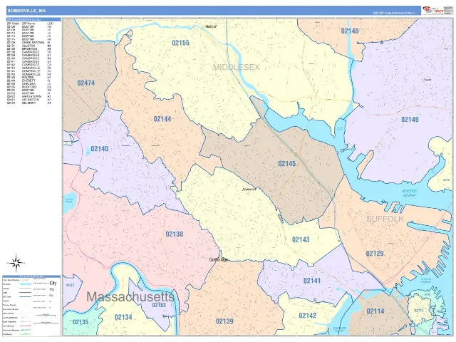 Somerville, MA ZIP Code Wall Map, ColorCast style
