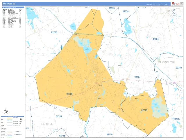 Taunton, MA ZIP Code Wall Map, Business Reference style