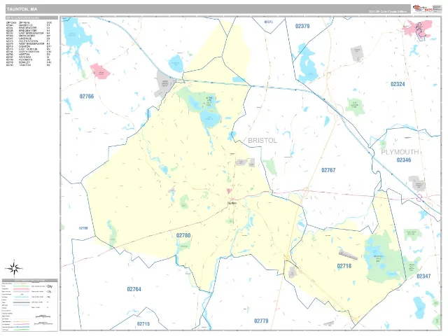 Taunton, MA ZIP Code Wall Map, Classic style
