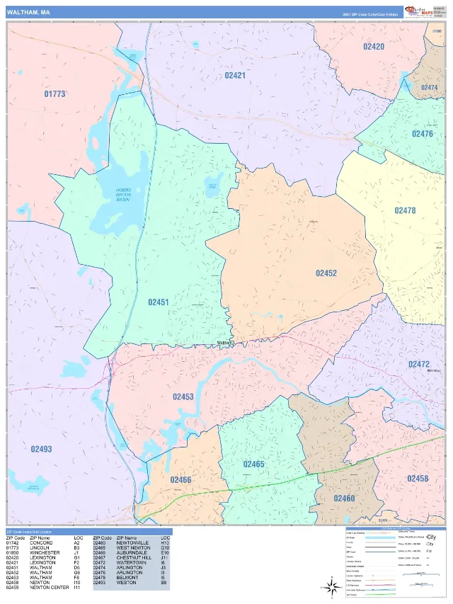 Waltham, MA ZIP Code Wall Map, ColorCast style