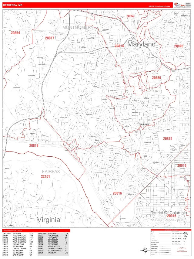 Bethesda, MD ZIP Code Wall Map, RedLine style