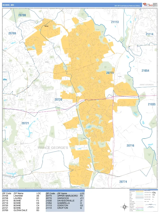 Bowie, MD ZIP Code Wall Map, Business Reference style
