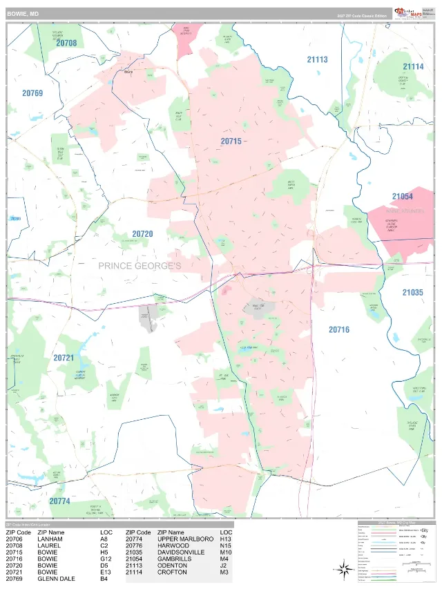 Bowie, MD ZIP Code Wall Map, Classic style