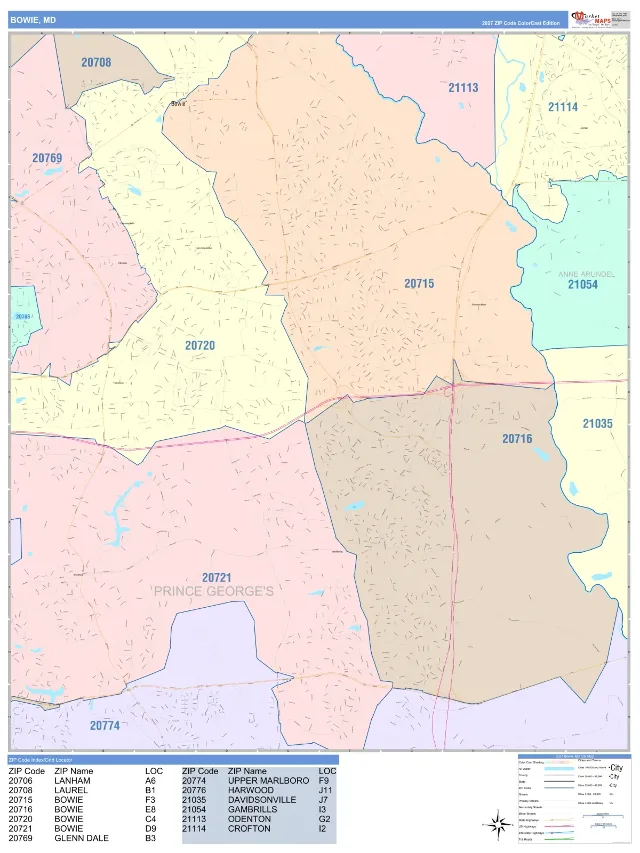 Bowie, MD ZIP Code Wall Map, ColorCast style