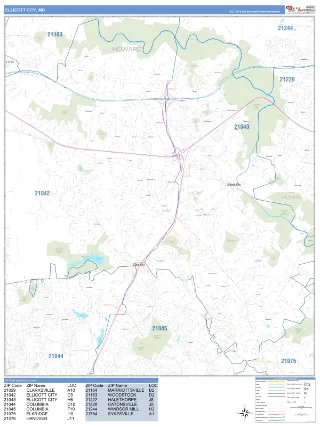 Ellicott City, MD Business Reference style ZIP Code wall map
