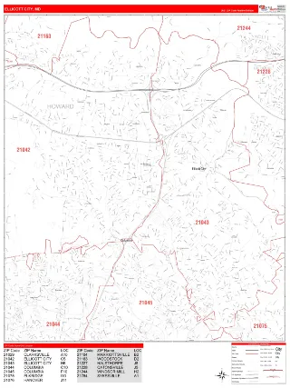 Ellicott City, MD RedLine style ZIP Code wall map