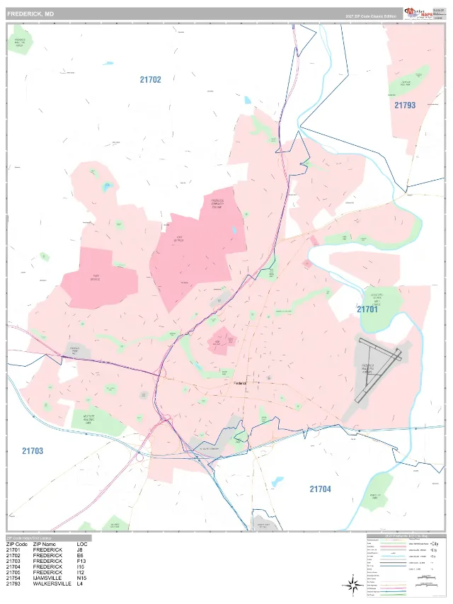 Frederick, MD ZIP Code Wall Map, Classic style