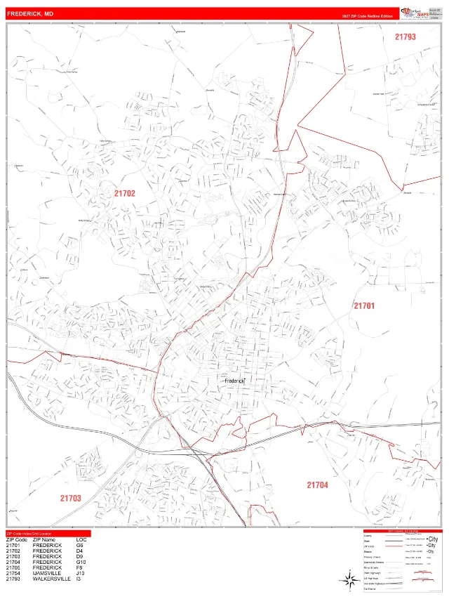Frederick, MD ZIP Code Wall Map, RedLine style