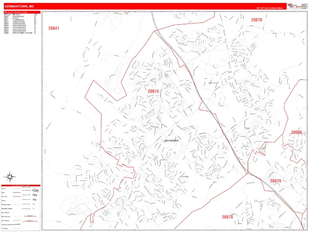 Germantown, MD ZIP Code Wall Map, RedLine style
