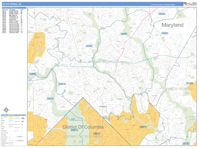 Silver Spring, MD ZIP Code Wall Map, Business Reference style