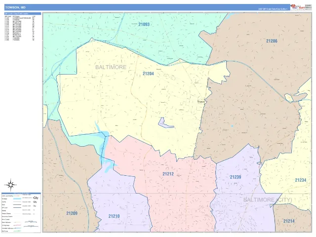 Towson, MD ZIP Code Wall Map, ColorCast style