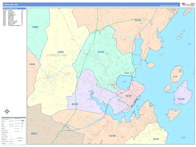 Portland, ME ZIP Code Wall Map, ColorCast style