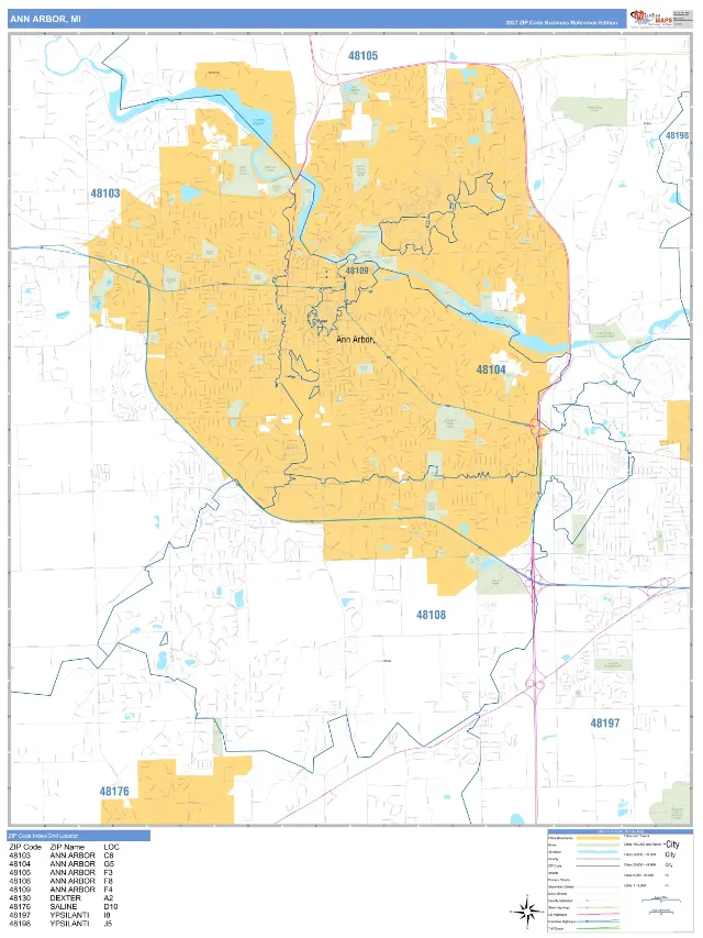 Ann Arbor, MI ZIP Code Wall Map, Business Reference style