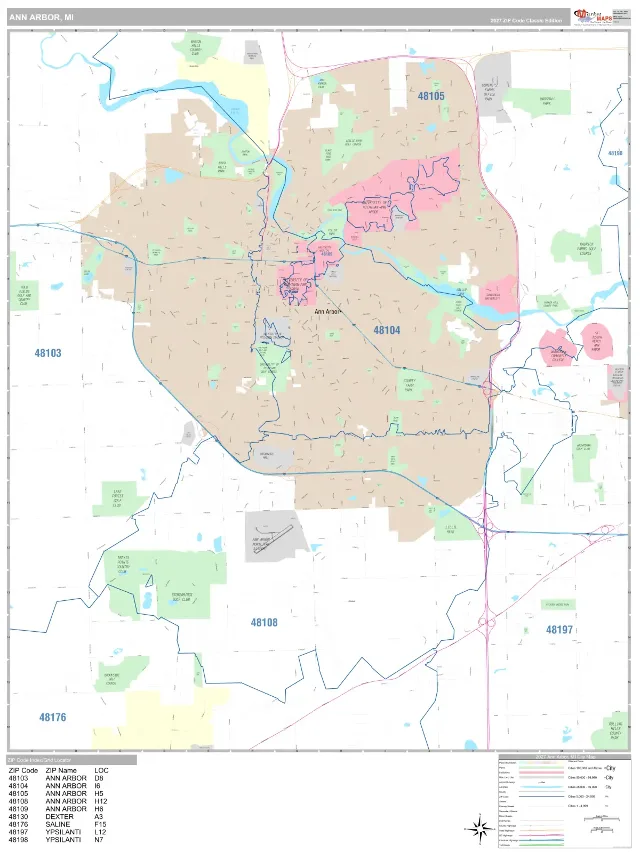 Ann Arbor, MI ZIP Code Wall Map, Classic style