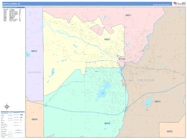 Battle Creek, MI ZIP Code Wall Map, ColorCast style