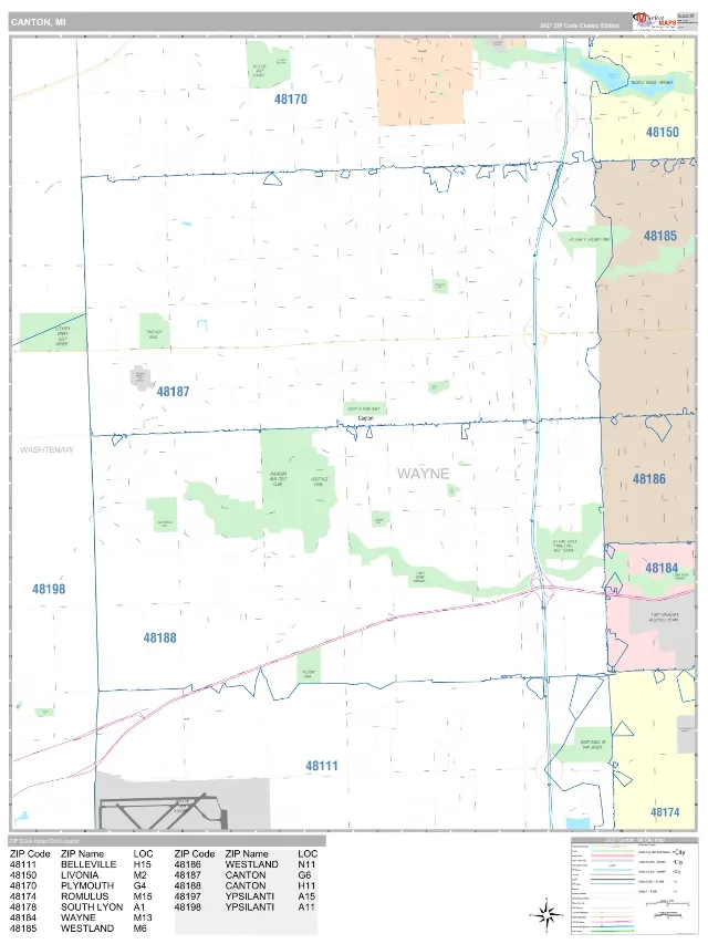 Canton, MI ZIP Code Wall Map, Classic style