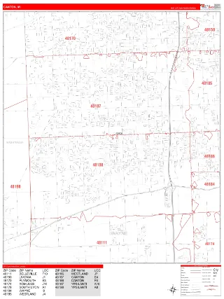 Canton, MI RedLine style ZIP Code wall map