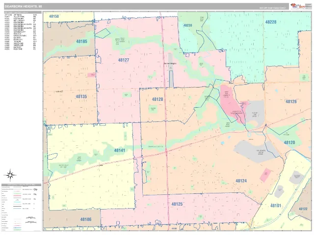 Dearborn Heights, MI ZIP Code Wall Map, Classic style
