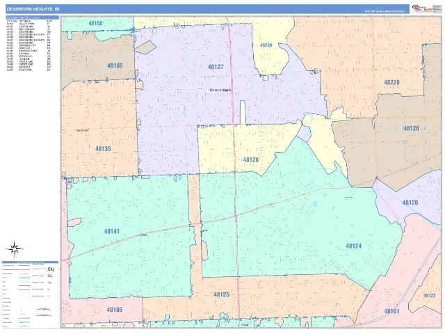 Dearborn Heights, MI ZIP Code Wall Map, ColorCast style