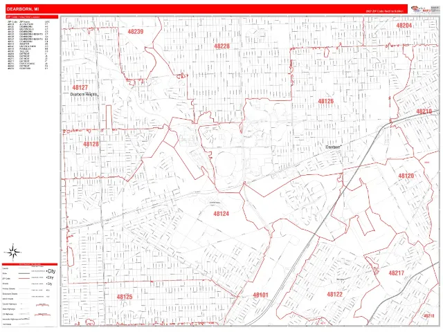 Dearborn, MI ZIP Code Wall Map, RedLine style